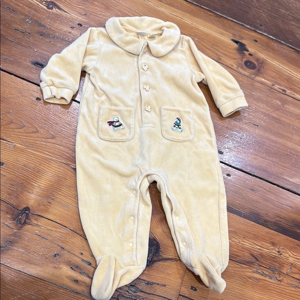 Talbots Kids Vintage Yellow Footed One Piece Pajamas Unisex Velour Size 9 months